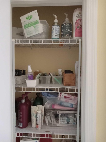 3 Shelves of Linen Closet Bathroom Contents