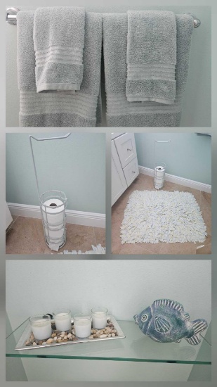 GUEST BATHROOM DECOR , TOWELS, TIOLET PAPER STAND, RUG