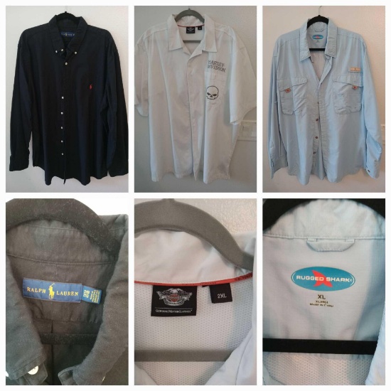 (6) Men's Collared Shirt Apparel, XL/XXL, Ralph Lauren, Harley Davidson, Rugged Shark