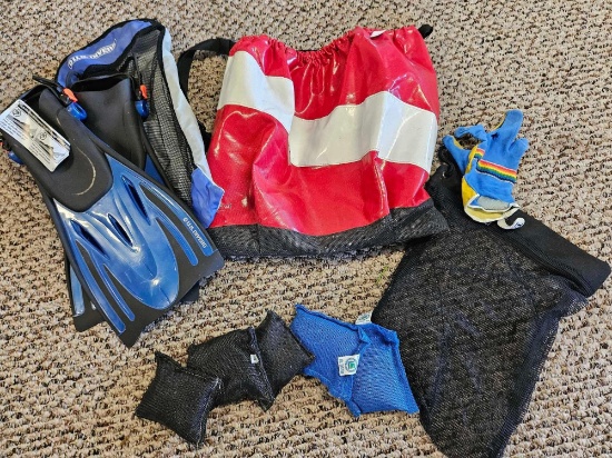 Scuba diving gear to include flippers,Diver Down bag, dive weights