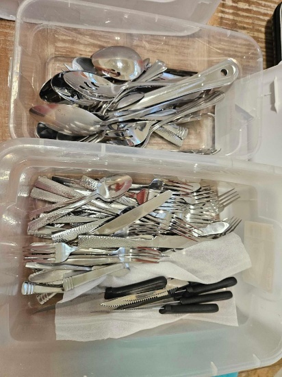 (2 totes) STAINLESS STEEL PARTY CUTLERY SERVING AND FLATWARE