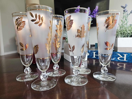 (6) MCM LIBBEY GOLD LEAF FROSTED GLASSES