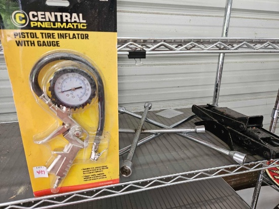 Central Pneumatic Pistol Grip Tire Inflator with Dial Gauge, Tire Irons, and Jack