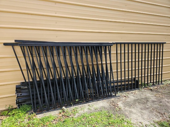 Outdoor metal fencing, 12 panels, approximately ten posts