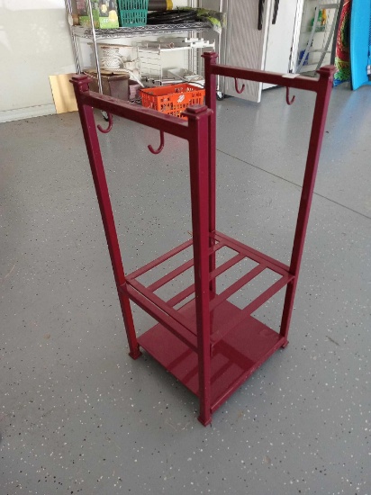 Red metal umbrella stand holder with hooks