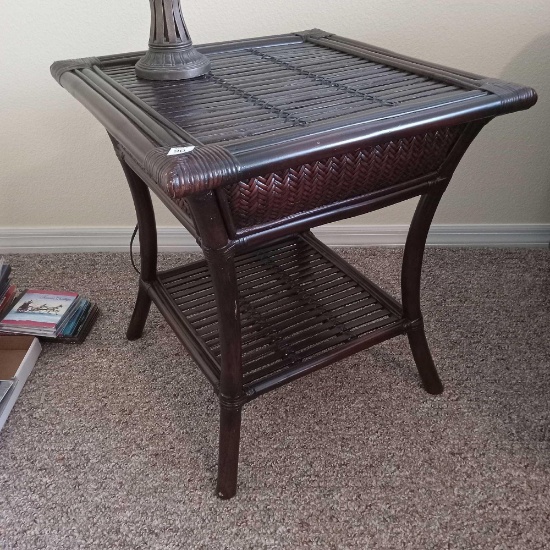 Dark Finish Bamboo & Rattan 2 Tiered End Table