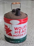 AWESOME VINTAGE WOLF'S HEAD MOTOR OIL, FIVE GALLON CAN