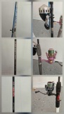 3 Complete rod and reel sets including shakespeare ugly stick, hawk grip, and boss hog