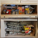 Shelf lot including Brand New unopened DURAFLAME FIRE STARTER, firewood, and Drawer contents