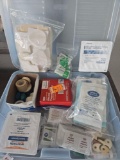 Tote of wound treatment, gauze comma padding and foot care items