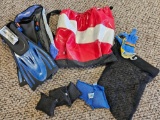 Scuba diving gear to include flippers,Diver Down bag, dive weights
