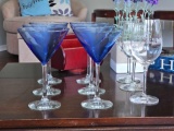 Grouping of (6) martini glasses blue, and three wine glasses including kentucky derby