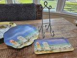 HEFTY IRON BOOK PLATE STAND WITH COASTAL MELAMINE SRRVING TRAYS