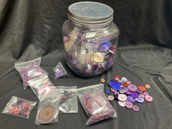 VINTAGE PURPLE BUTTONS IN LARGE CANISTER
