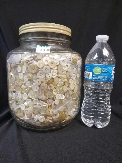 No 6 Large Duraglass Jar filled with numerous cream-colored buttons, likely antique bone or shell