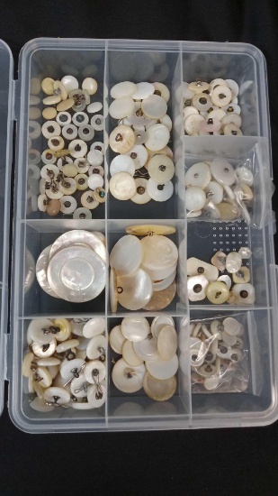 Small Clear plastic organizer filled with Antique Mother of Pearl Buttons