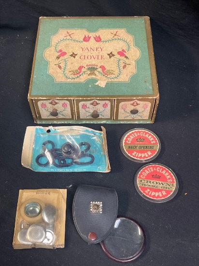 Vintage sewing including YANKY CLOVER box, and GLASS POCKET LOUPE, MORE