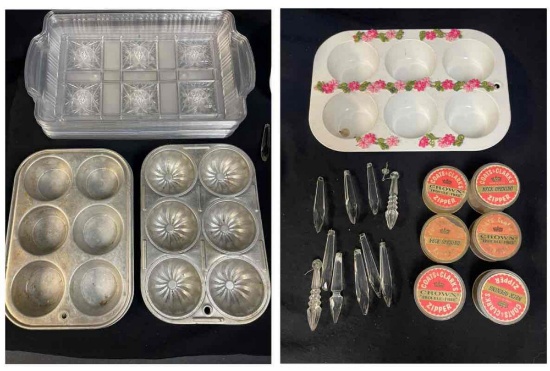 VINTAGE GROUPING INCLUDING ALUMINUM BUTTON ORGANIZING TRAY, CRYSTAL CHANDELIER PARTS,