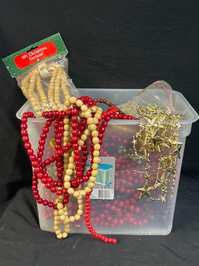TOTE FULL OF WOODEN CHRISTMAS, STARS, RED, GOLD GARLAND