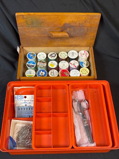 Vintage wooden thread box, and tupperware sewing organizer with contents