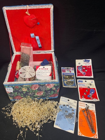 VINTAGE COUNTRY FLORAL SEWING BOX WITH CONTENTS