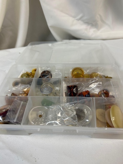 COLLECTION OF ACRYLIC BUTTONS VINTAGE AND NEWER in crafters storage box