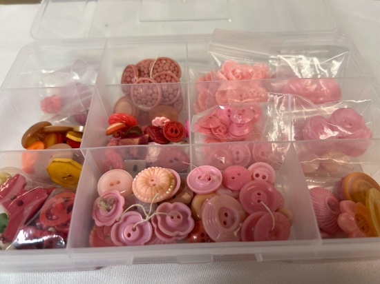 Clear Tray of Vintage Adornment Buttons including Molded Celluloid Brass Faux Flower Art Deco