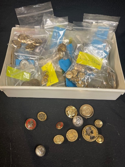 Collection of Military, Insignia Vintage Buttons including Vintage Queen Elizabeth II Button...