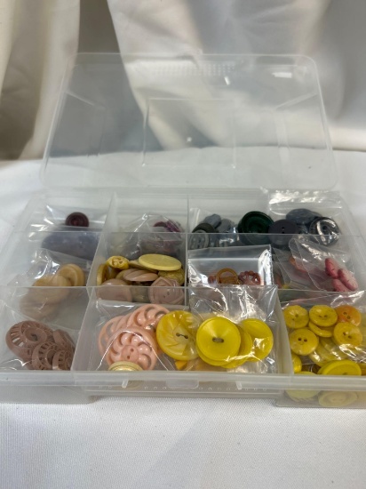 Muted-tone Vintage Button Collection in Clear Section Containers, Varying Shapes and Sizes