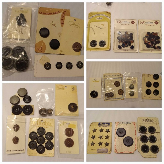 Dark-tone Vintage Buttons on Original Cards, 1930s? La Mode, JOT, Grants, Preciosa