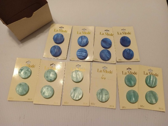 Vintage Green and Blue Buttons on original cards, La Mode, Japan