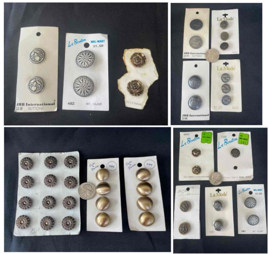 Metalic style, Silver and Gold-tone Vintage Buttons on Original Cards