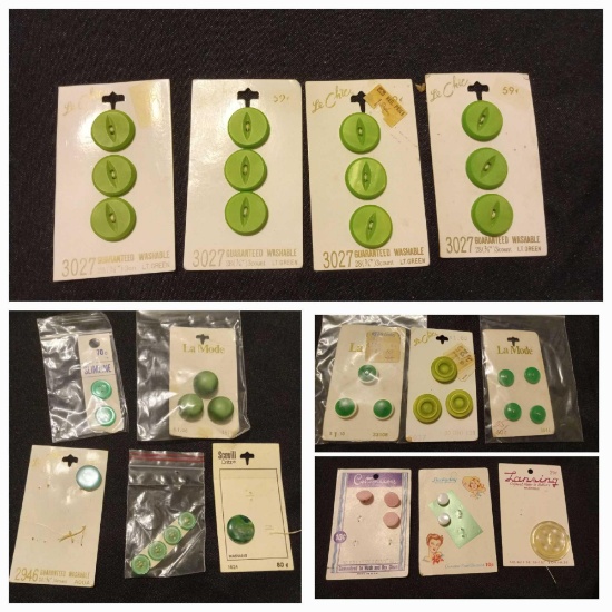 Green-tone Vintage Buttons on Original Cards, 1930s, La Chic, Le Mode, Lansing, Luckyday