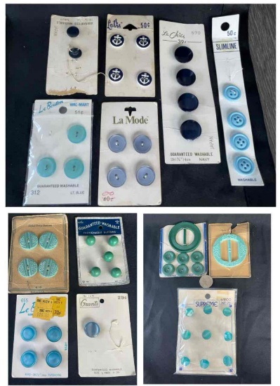 Blue-tone Vintage Buttons and Buckles, Most on Original Cards, 1930s and Later