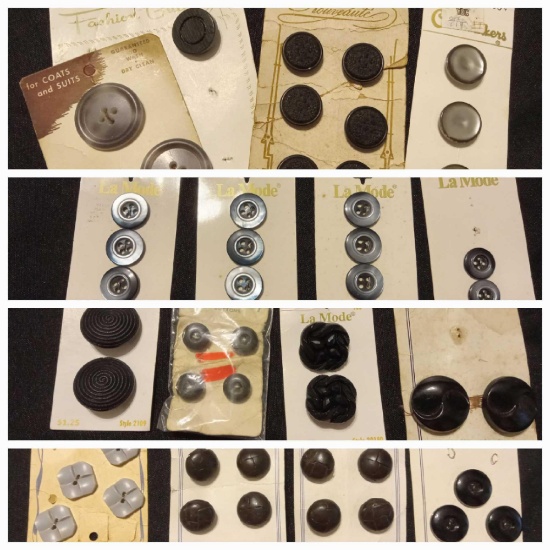 Dark-tone Group of Vintage Buttons on Original Cards, La Mode, Genuine Leather, Nouveaute, Beaconway