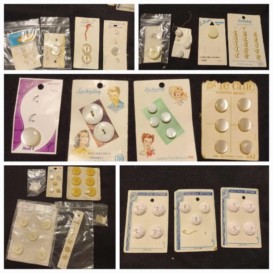 Cream or Pearl-tone Vintage Buttons on Original Cards, Le Bouton, Lansing, Luckyday, BGE, Schwander