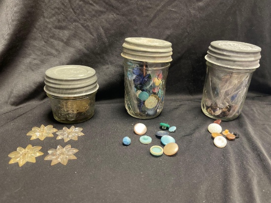 (3) jars of buttons with zinc lids - one jar with acrylic MCM Rosette mirror clipss