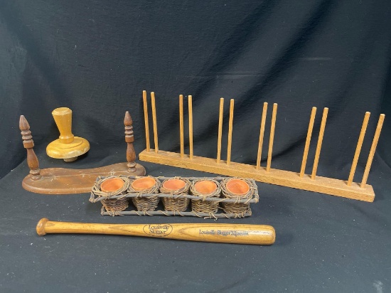 Wood Group including Louisville Slugger Mini Bat, and Drying Rack