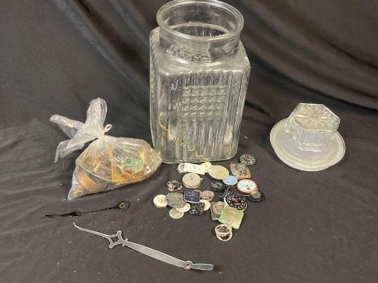 Collection of watch and clock pieces in Vintage glass canister