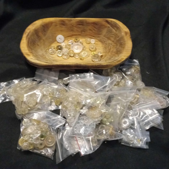 Mostly Clear Vintage and Older buttons, Bagged, All Shapes and Size!!