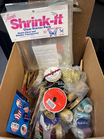 Box of Crafting, Shrink-it kit, ribbon, string, threads and more