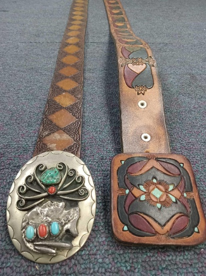 Large Vintage Navajo Indian Silver Indian Head Belt Buckle WITH LEATEHR TOOLED BELT AND BUCKLE