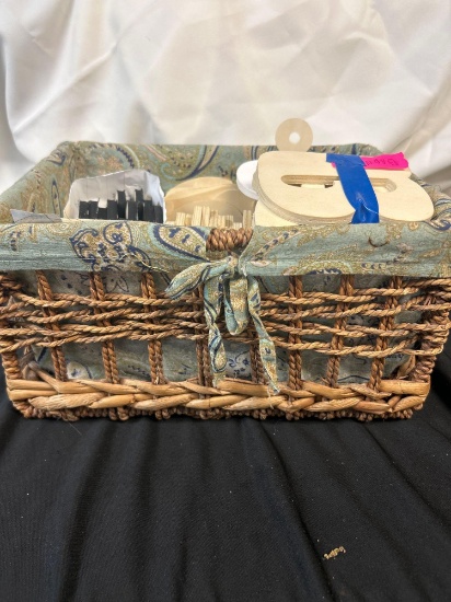 Basket containing various items, with a focus on crafts or creative activities, Large Wooden Letters