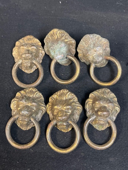 6 - vintage antique cast brass? Lionhead drawer pulls