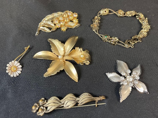 (6) Vintage Jewelry Accents including Aurora Borealis Rhinestone Flower Brooch,
