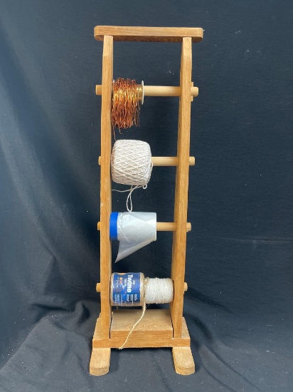 4 spool Rope and String Wooden Rack Storage with brass? and copper wire