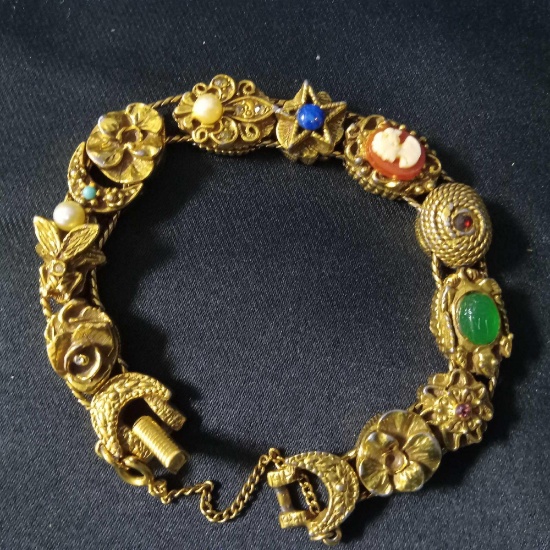 Vintage 1960s Signed GOLDETTE Victorian Revival Sliding Charm Bracelet