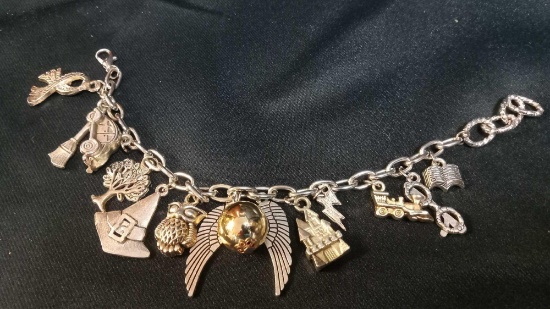 Harry Potter Silver Tone Charm Bracelet Hedwig Quidditch Broom Lightning Bolt