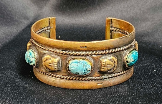 Vintage Egyptian Revival Scarab Pharoah Brass Cuff Stone Bracelet