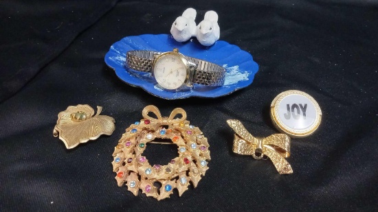 Vintage Christmas Holly Wreath w/ Colored Rhinestones Brooch & More